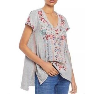 Johnny Was Tua Knit Drape Top Blouse Womens Sz XS  Embroidered Gray Floral